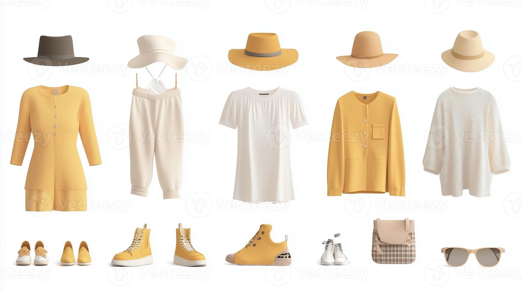 Fashion collection showcasing vibrant yellow and neutral outfits with accessories for a stylish summer look photo