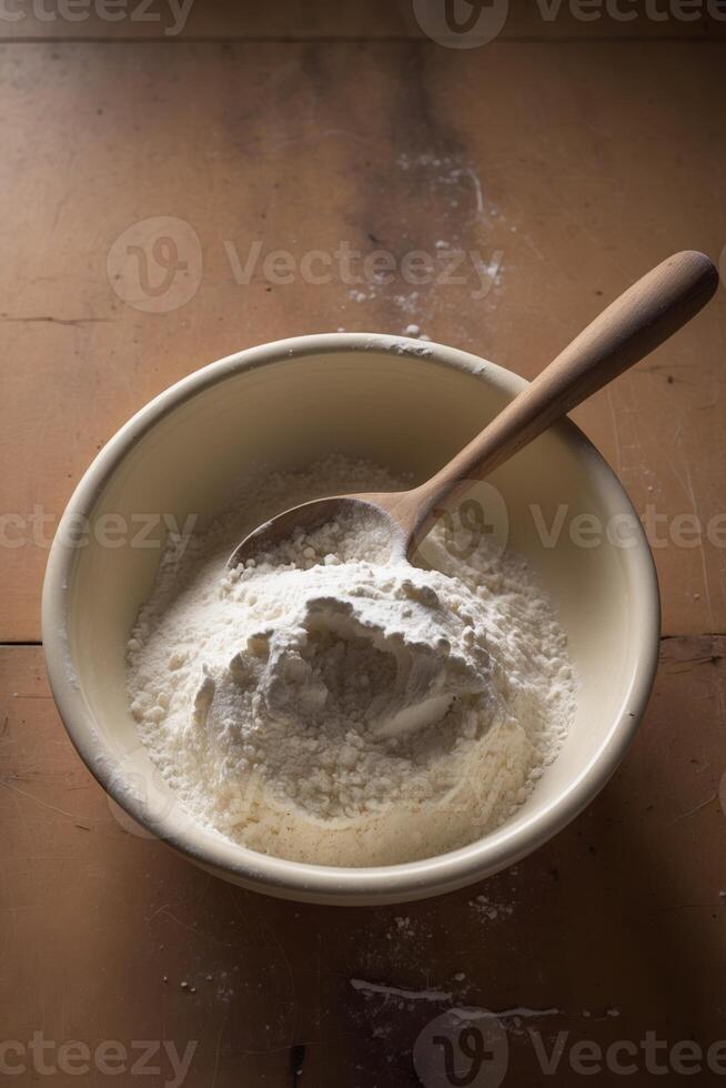 Mixing flour in a bowl for baking on a wooden table in a sunlit kitchen photo
