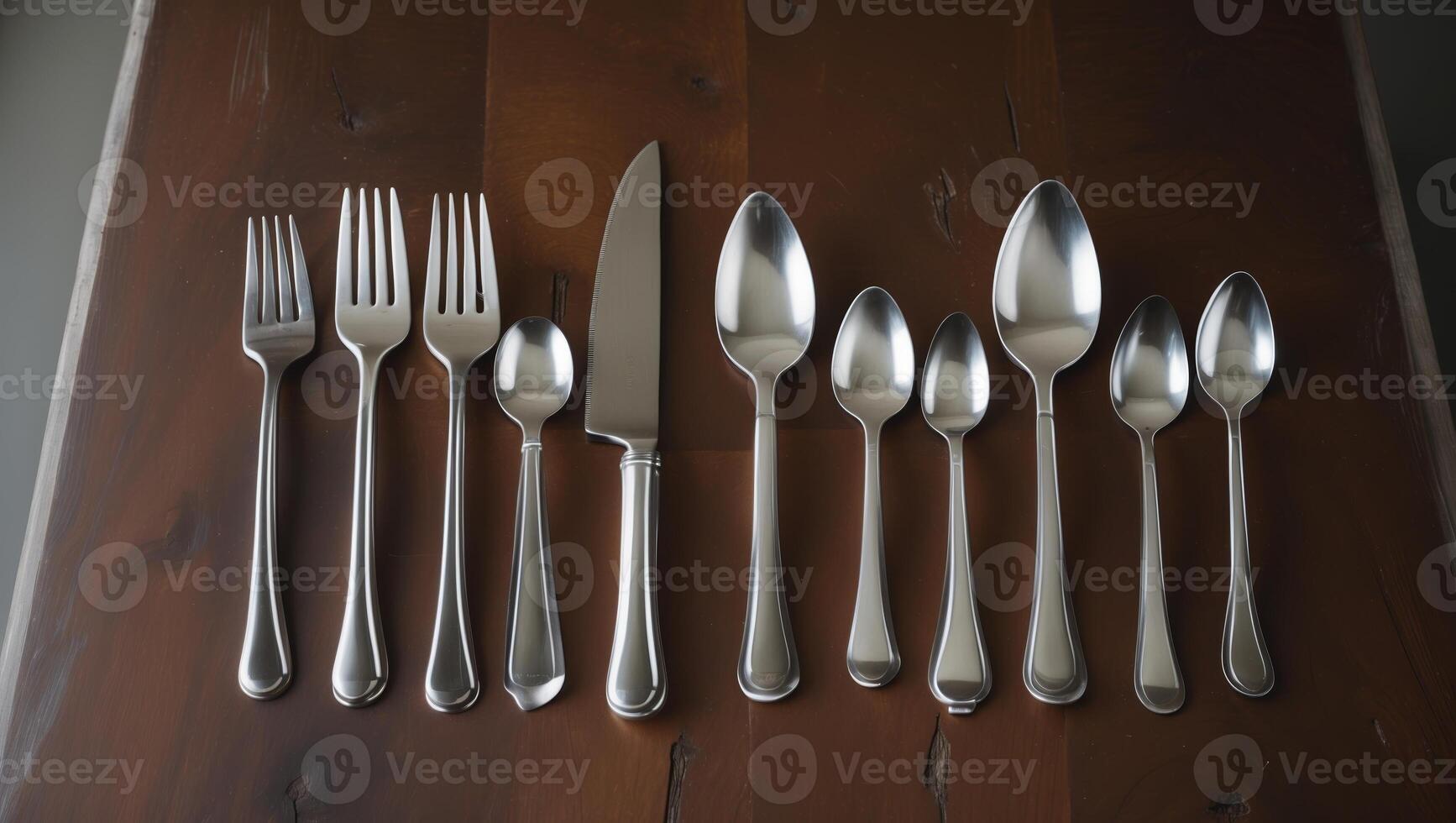 Collection of silver cutlery arranged neatly on a wooden table showcasing various utensils photo