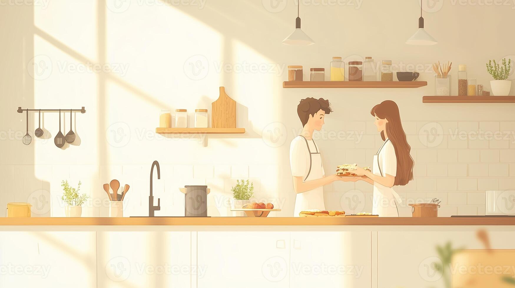 Couple sharing pastries in a bright, minimalist kitchen filled with sunlight and greenery during the day photo
