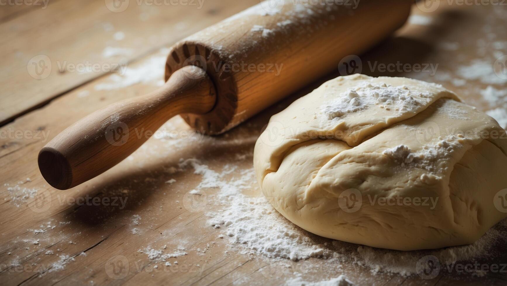 Dough preparation on a wooden table with a rolling pin and flour, showcasing a cozy kitchen atmosphere photo
