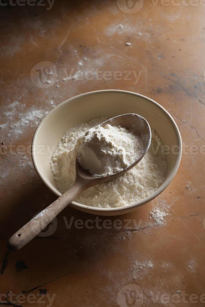 Bowl of flour with wooden spoon on a rustic countertop, capturing the essence of baking preparation in a cozy kitchen photo