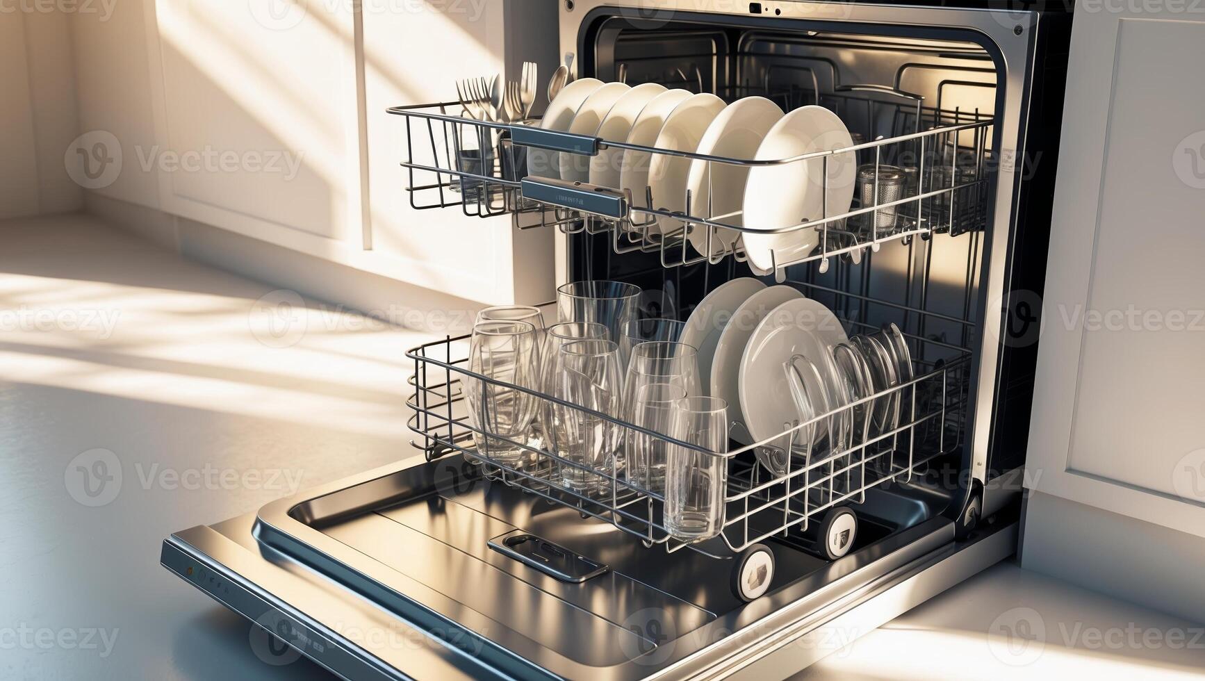 Washing clean kitchenware in a modern dishwasher located in a bright and tidy home kitchen photo