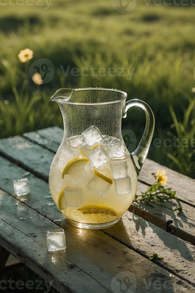 Refreshing lemonade with ice and lemon slices in a pitcher placed on a rustic wooden table outdoors during sunny weather photo