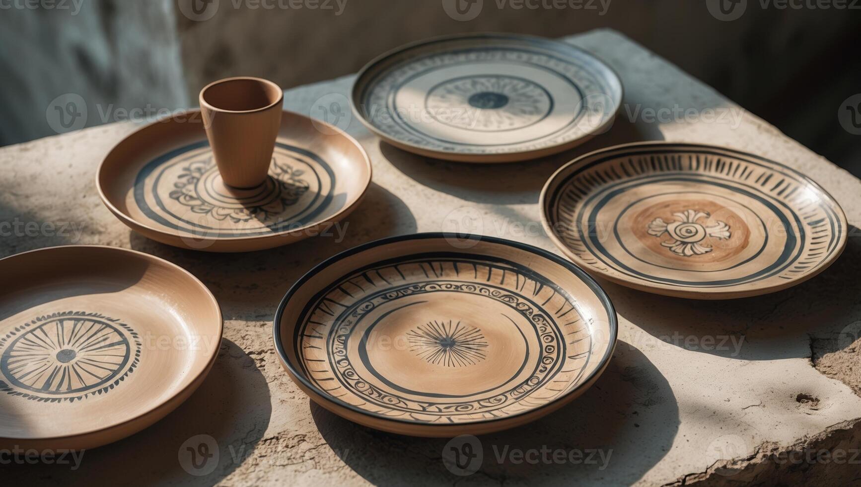 Decorative ceramic plates and a cup arranged on a table in a rustic interior setting during daylight photo
