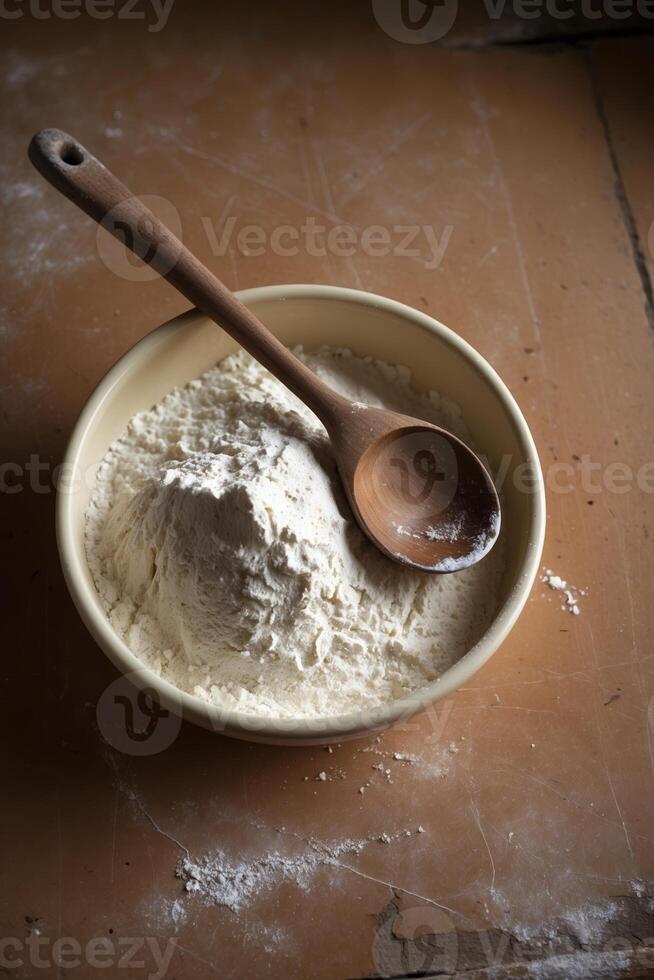 Flour in a ceramic bowl with a wooden spoon on a rustic table in a cozy kitchen setting photo
