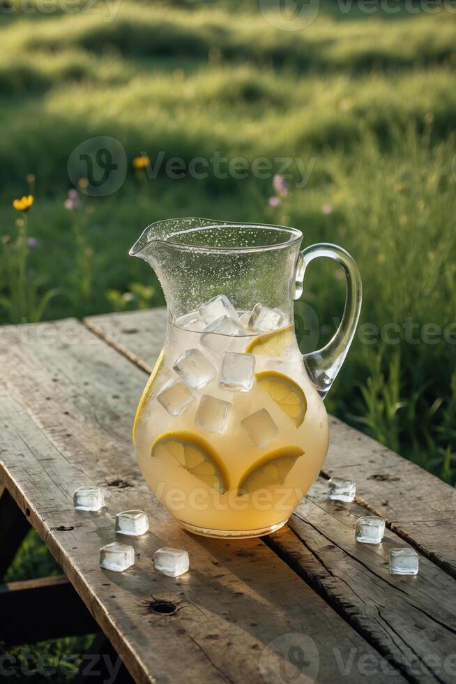 Refreshing pitcher filled with lemonade and ice cubes on rustic wooden table in vibrant green meadow photo