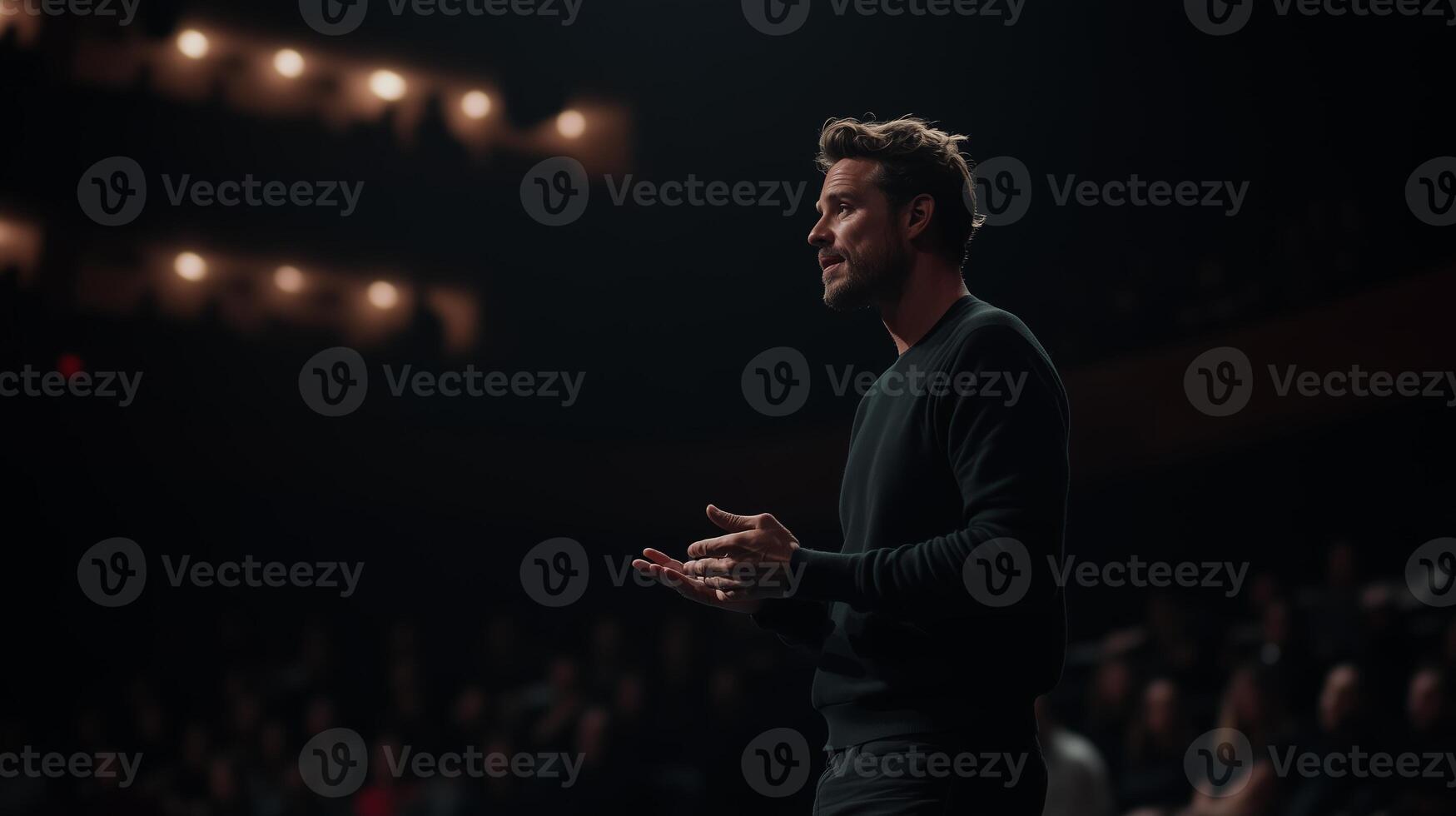 Engaging speaker captivates audience during nighttime event in a theater photo