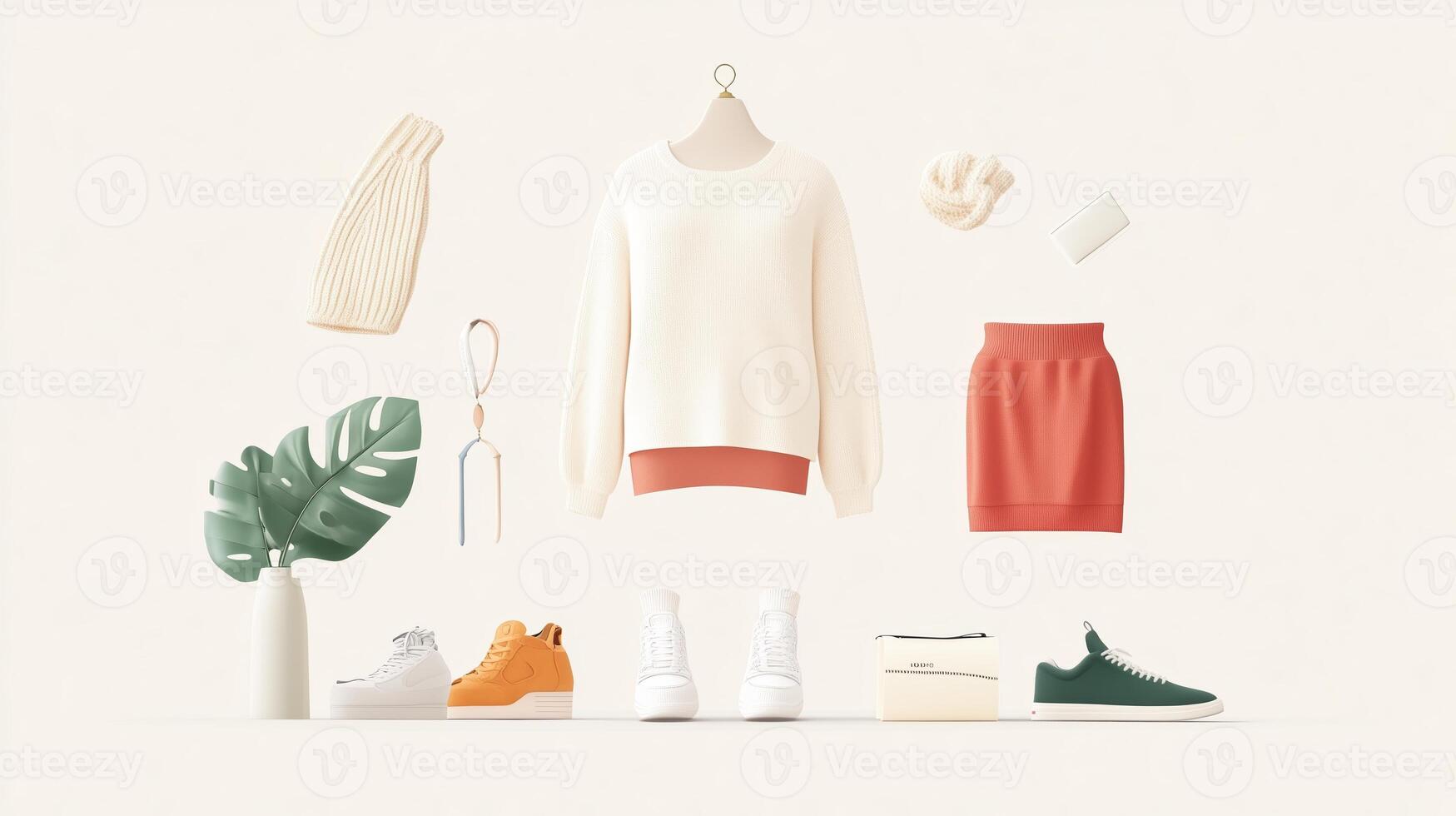 Stylish apparel arrangement showcasing casual wear with accessories on a neutral background photo