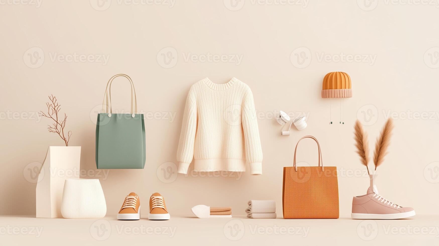 Stylish autumn fashion display featuring cozy sweater, trendy accessories, and footwear in a minimalist setting photo