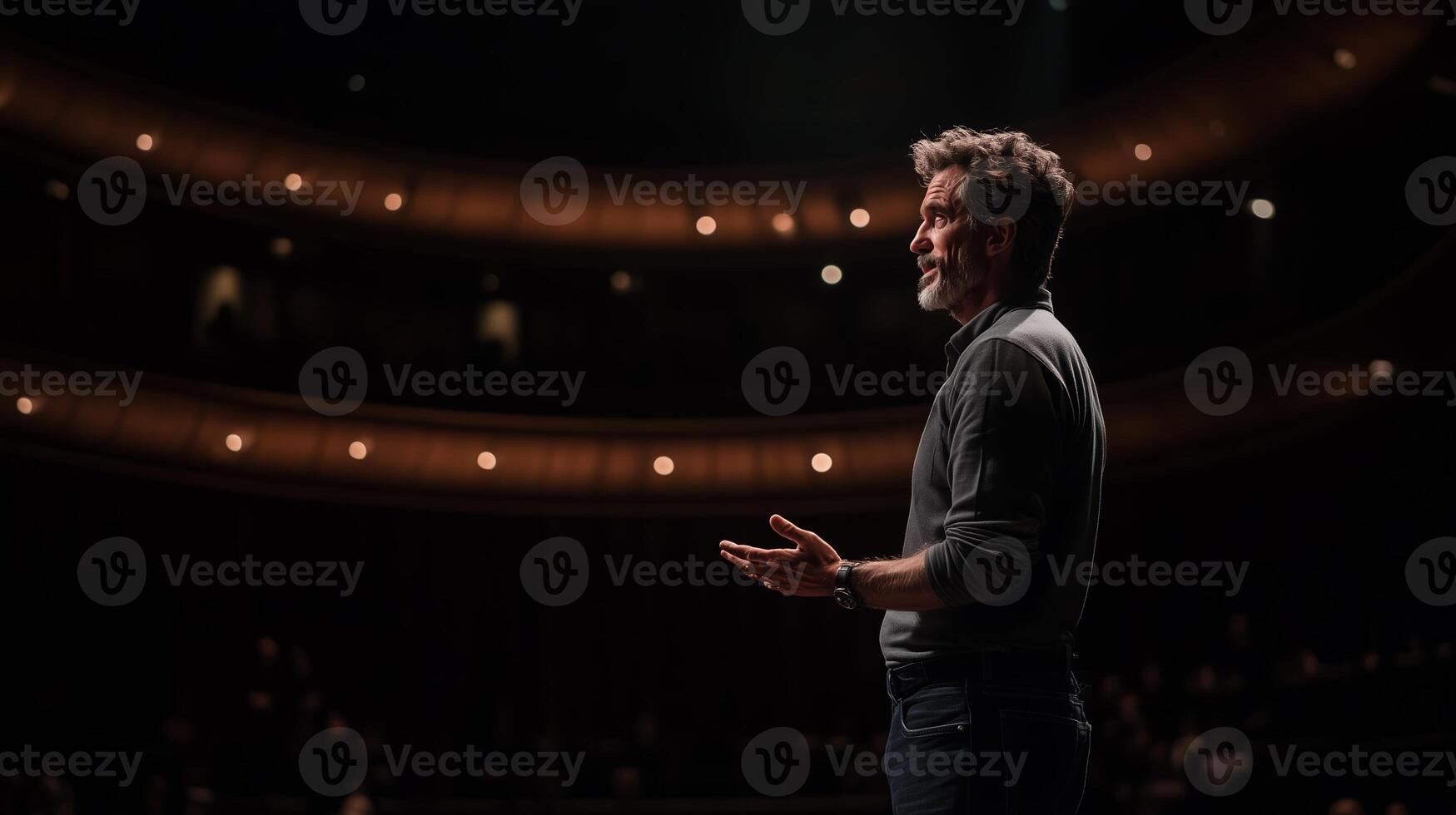 Speaker engages audience in a captivating performance at a theater during an evening event photo