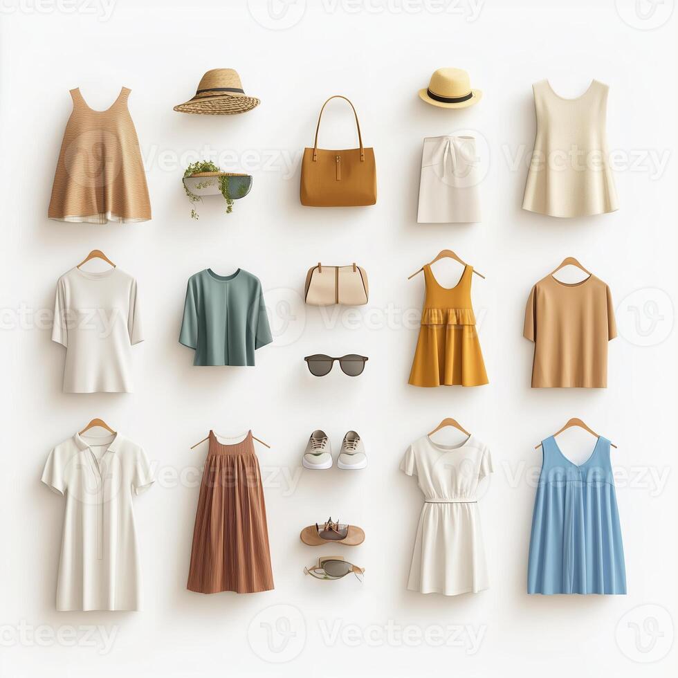 Fashionable summer clothing display featuring dresses, tops, and accessories arranged neatly on a light background photo