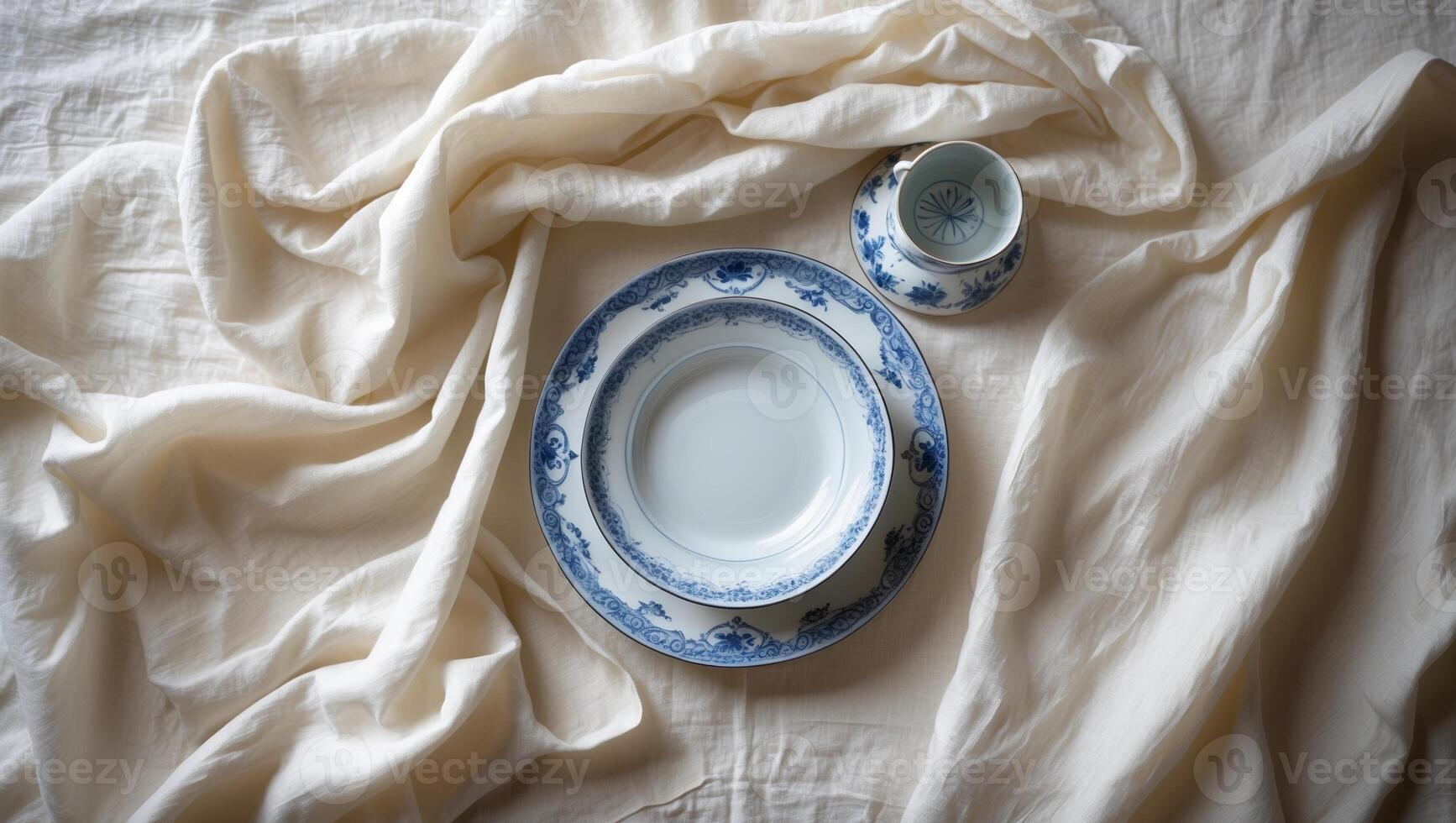 Elegant blue and white tableware arranged on a soft, white fabric backdrop in a serene setting photo