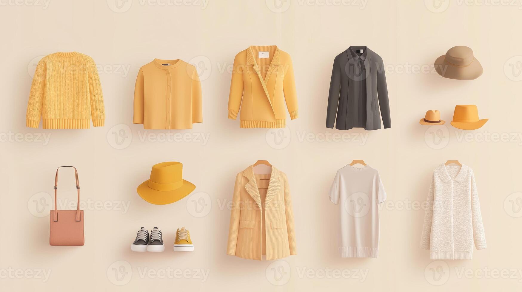Fashion items displayed on a wall featuring yellow, gray, and white clothing pieces along with accessories photo
