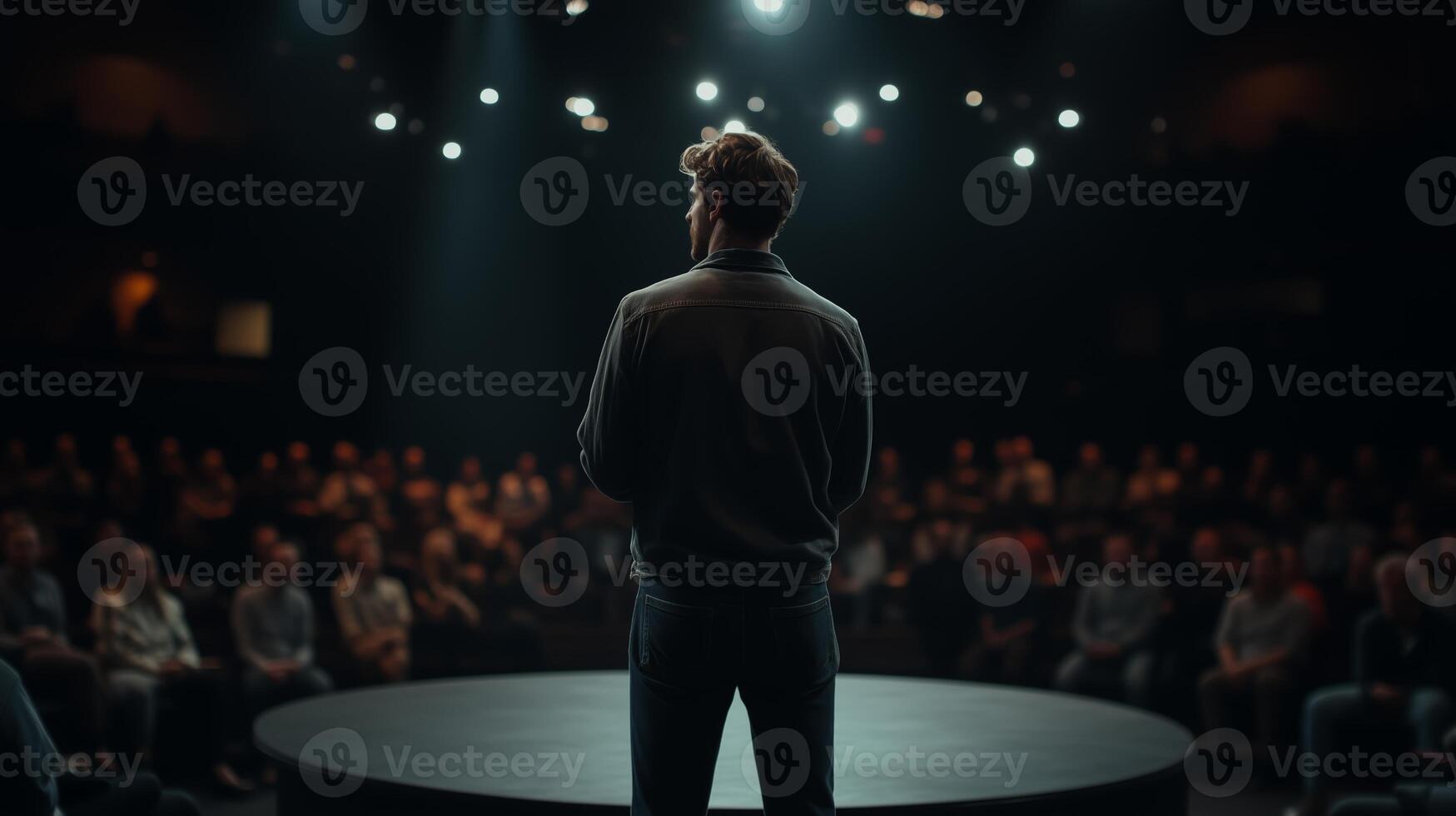 Speaker engages audience in a discussion at an event in an auditorium surrounded by bright stage lights photo