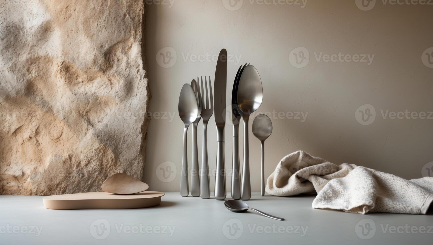 Elegant display of modern cutlery on a minimalistic table setting with soft natural light photo