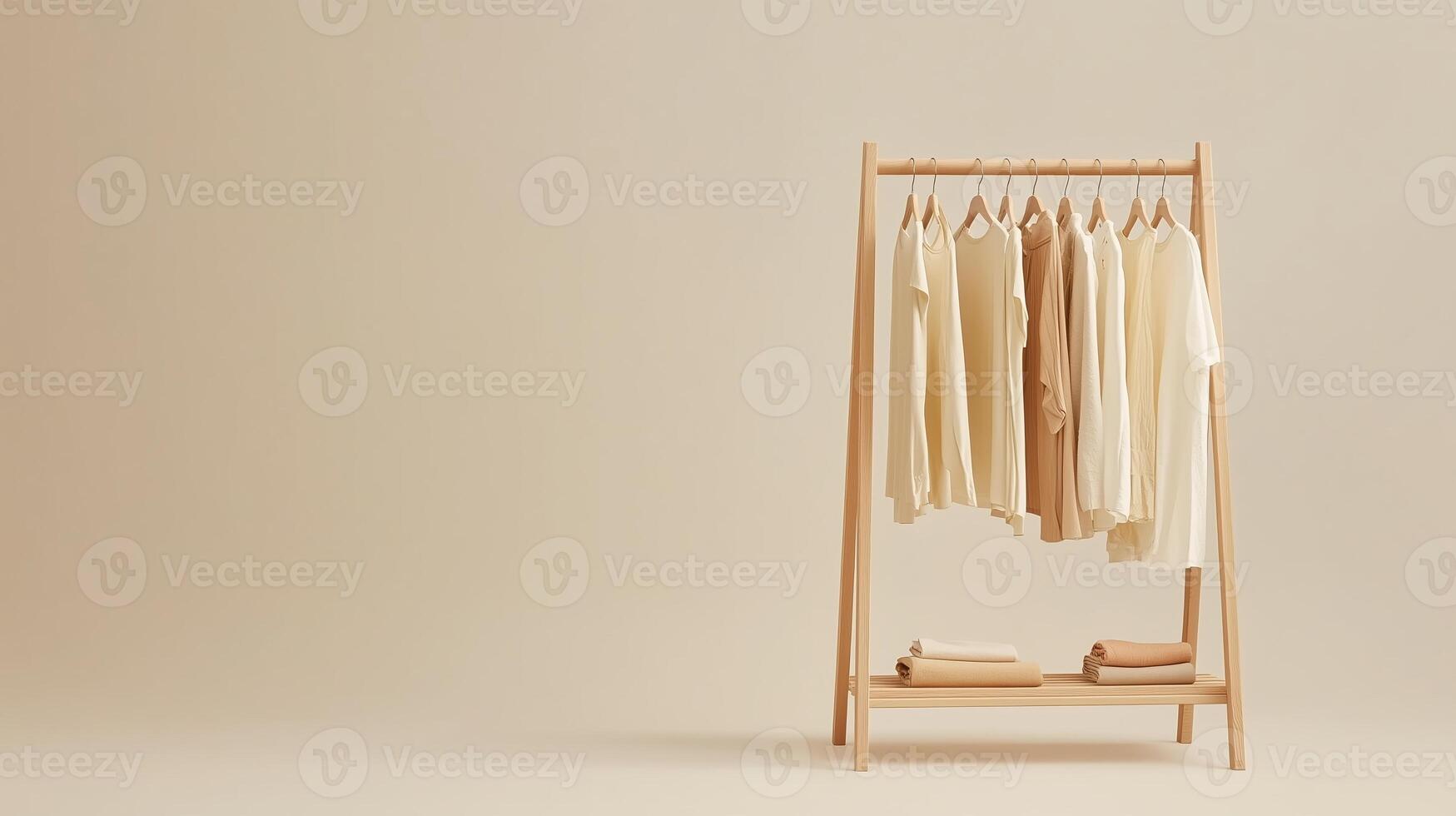 Clothing rack displays neutral toned garments in minimalistic setting with soft lighting photo