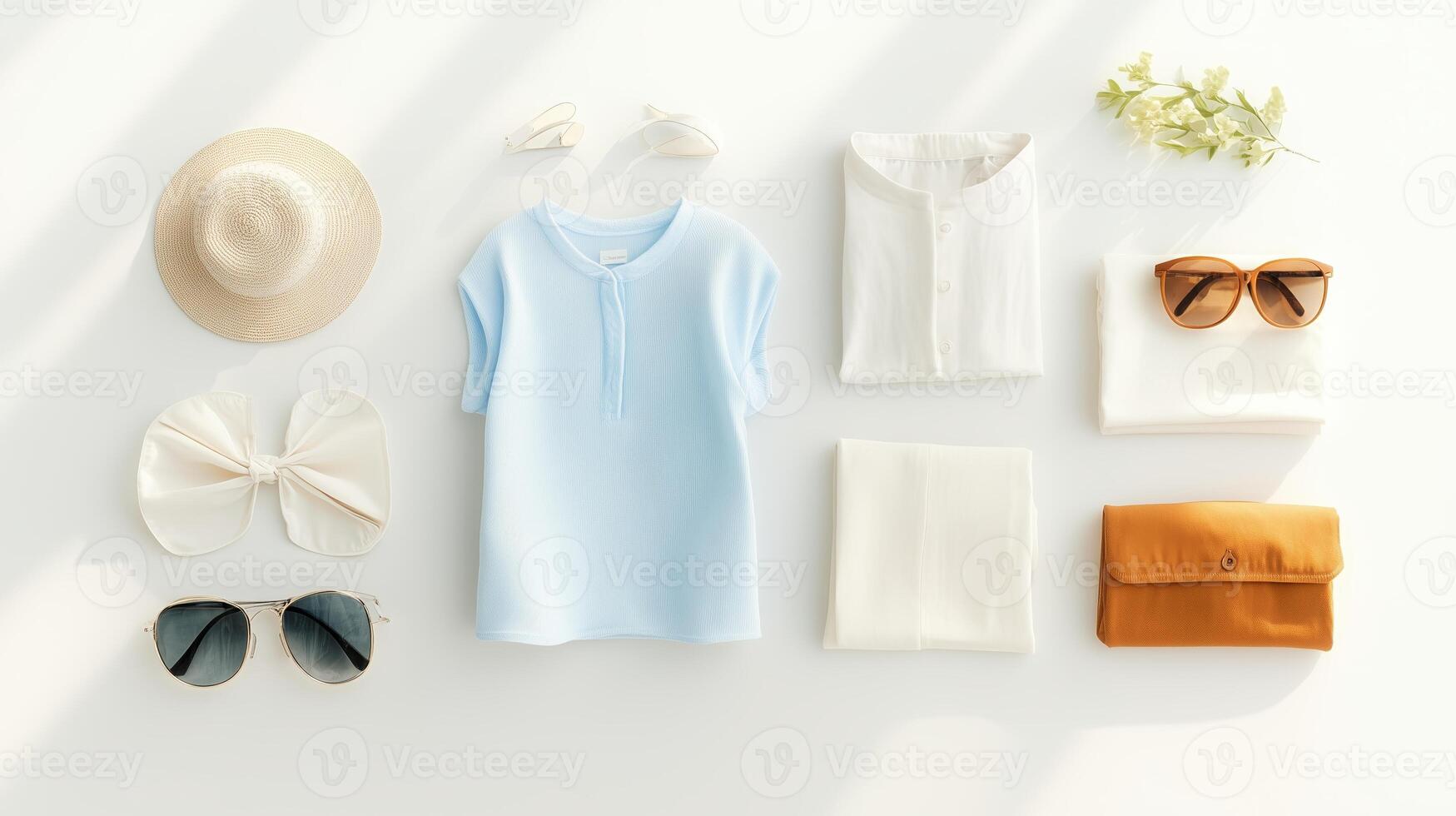 Summer fashion flat lay with stylish attire, accessories, and seasonal colors ready for a day outdoors photo