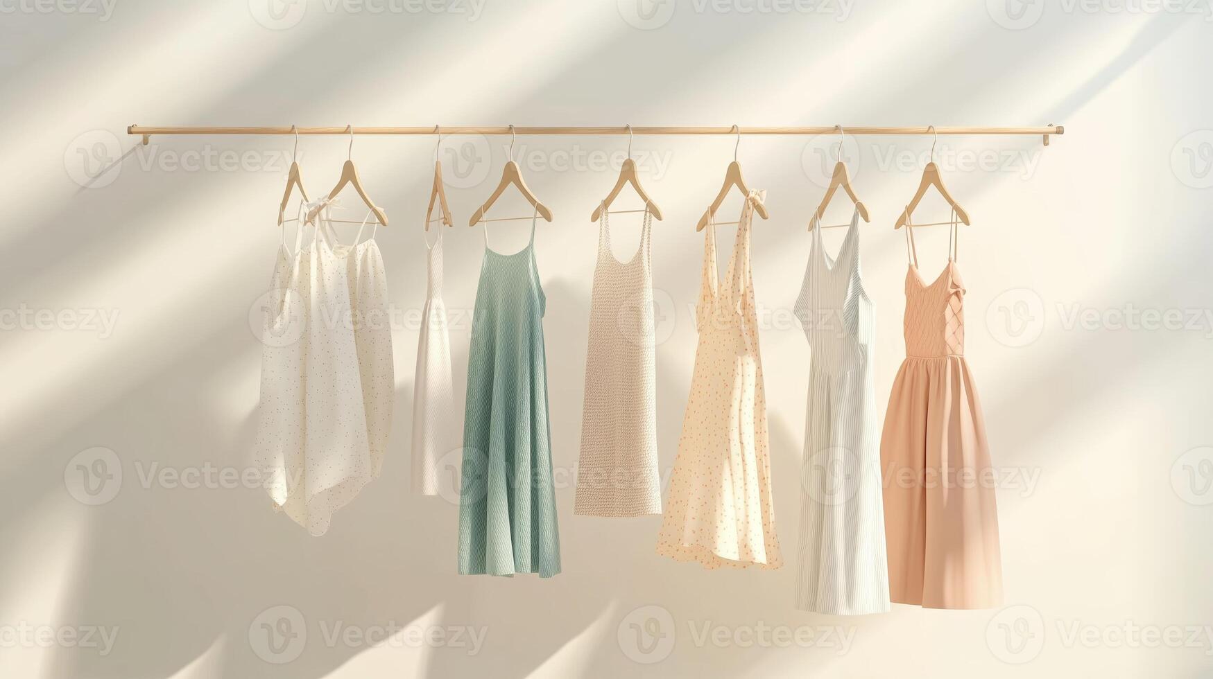 Elegant summer dresses displayed on a wooden rack in a softly lit room creating a serene atmosphere photo