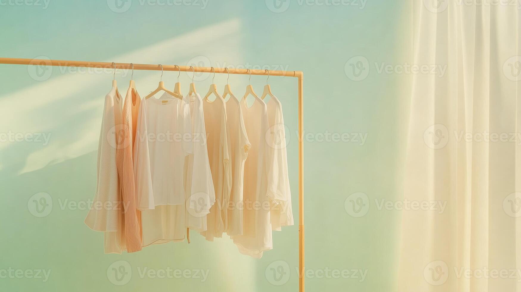 Soft, neutral clothing hanging on a wooden rack in a bright, airy indoor space with light-colored curtains photo