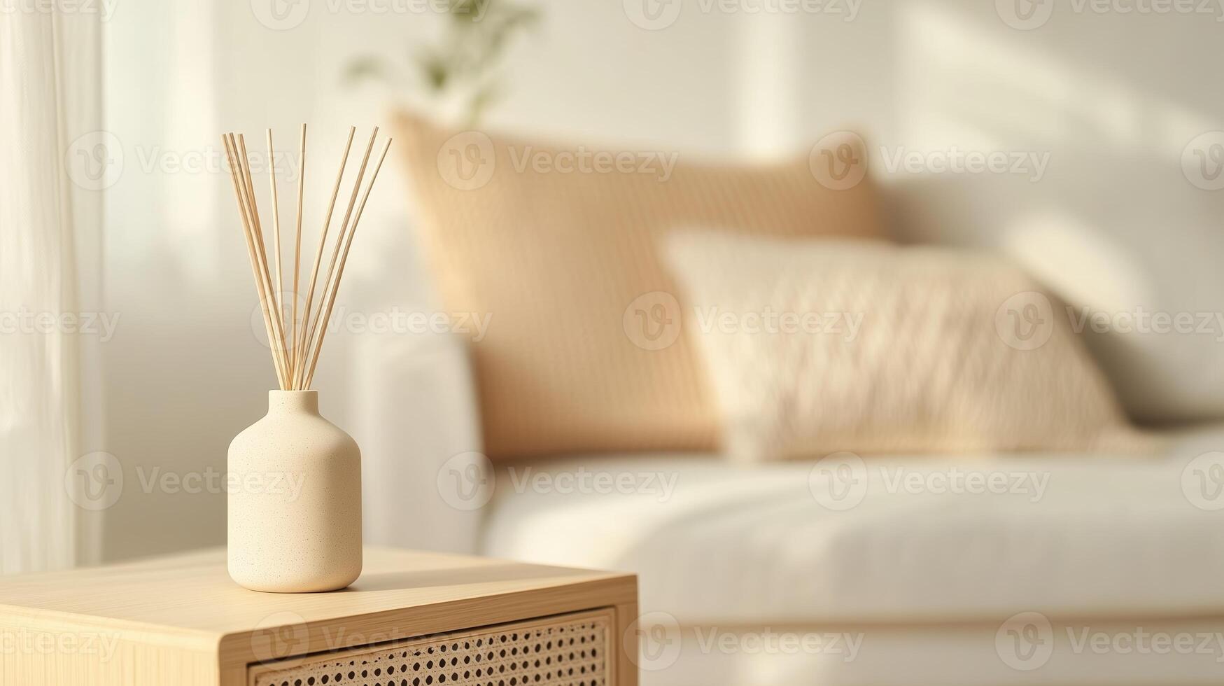 Elegant interior design with minimalist decor featuring a reed diffuser and soft cushions in a bright living space photo