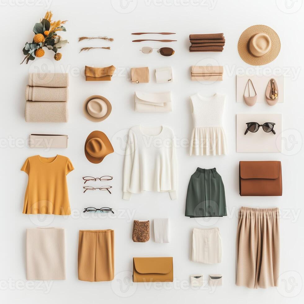 Stylish flat lay of autumn fashion accessories and clothing items arranged on a white background photo