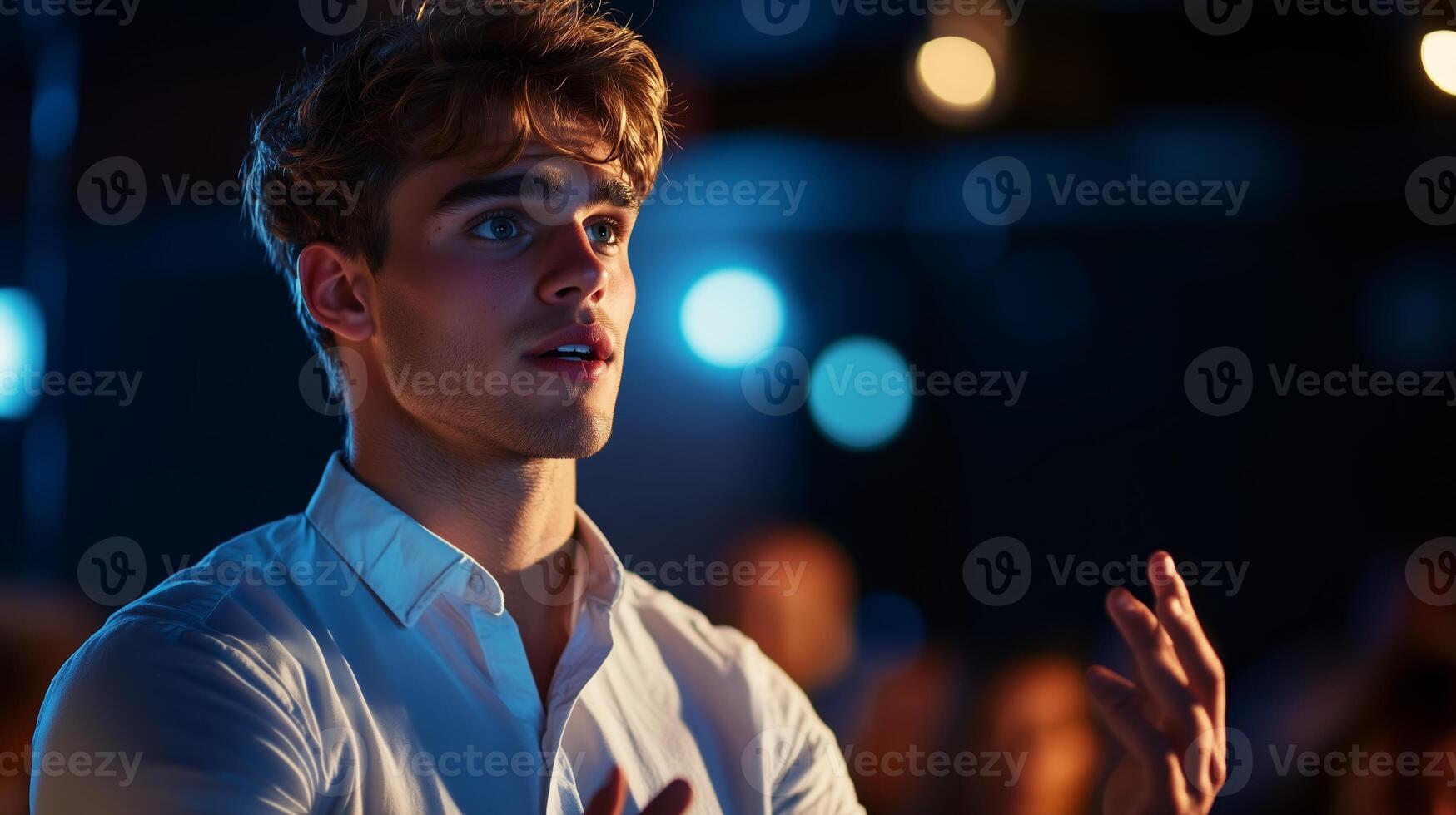 Young man engaged in passionate discussion at a lively event in a dimly lit venue photo