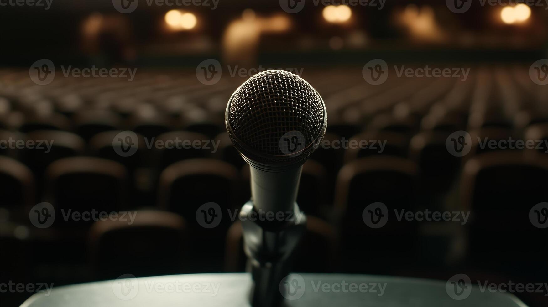 Empty theater with a microphone in focus before a performance or speech event in the evening photo