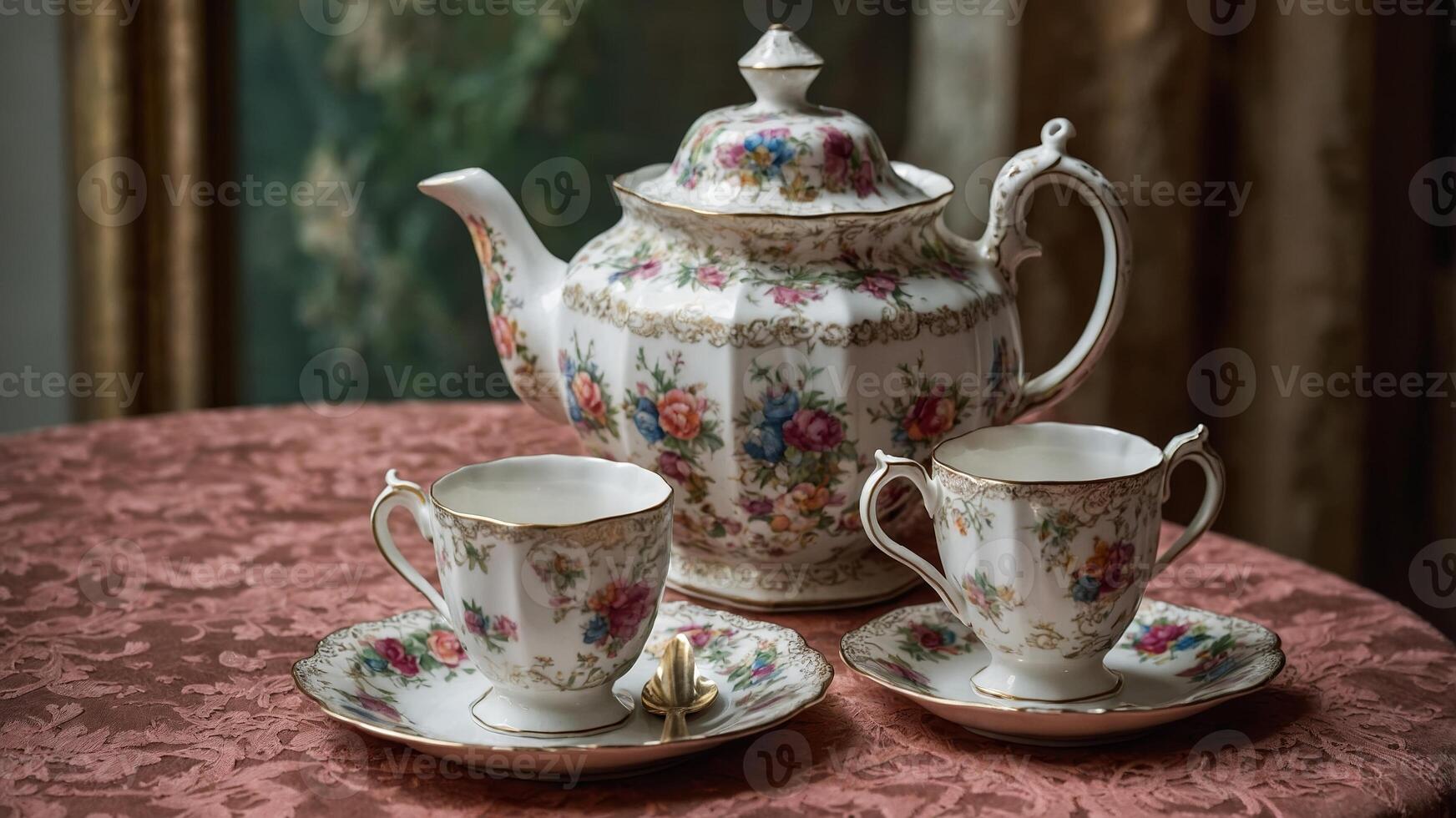 Beautiful antique tea set on elegant tablecloth in cozy setting with soft natural light photo