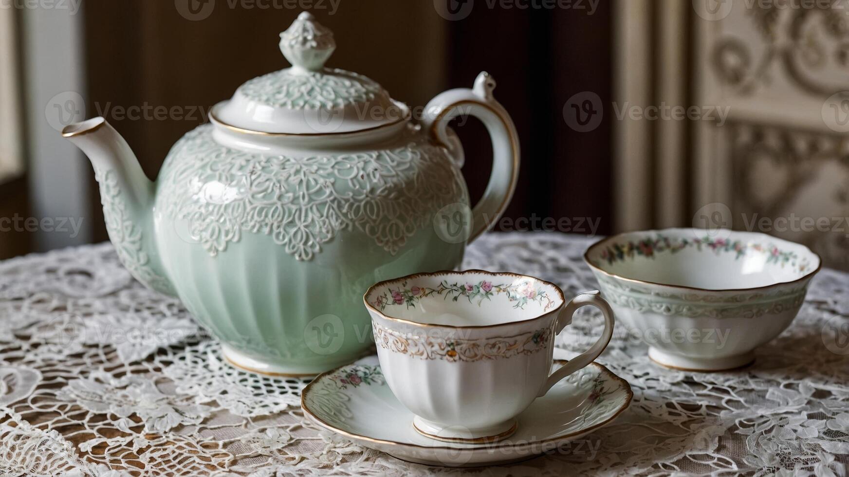 Elegant tea setup with teapot and matching cups on lace tablecloth in a vintage styled room photo