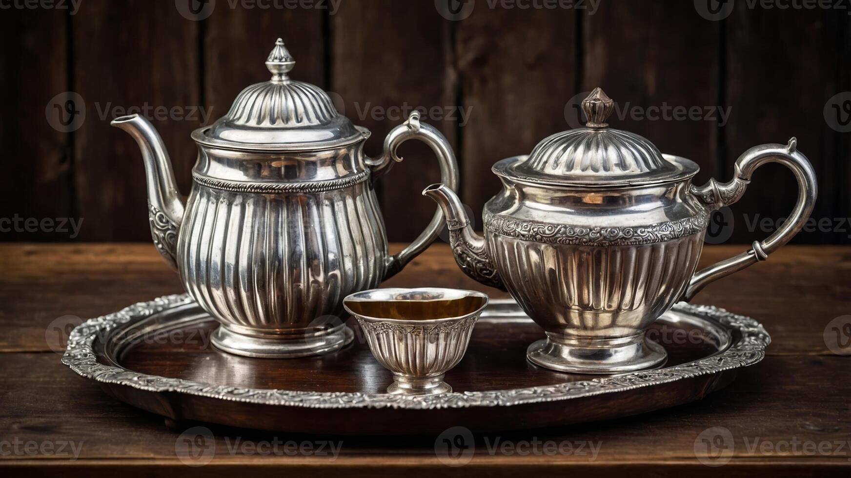 Elegant vintage silver tea set arranged on a decorative tray with intricate designs in a warmly lit setting photo