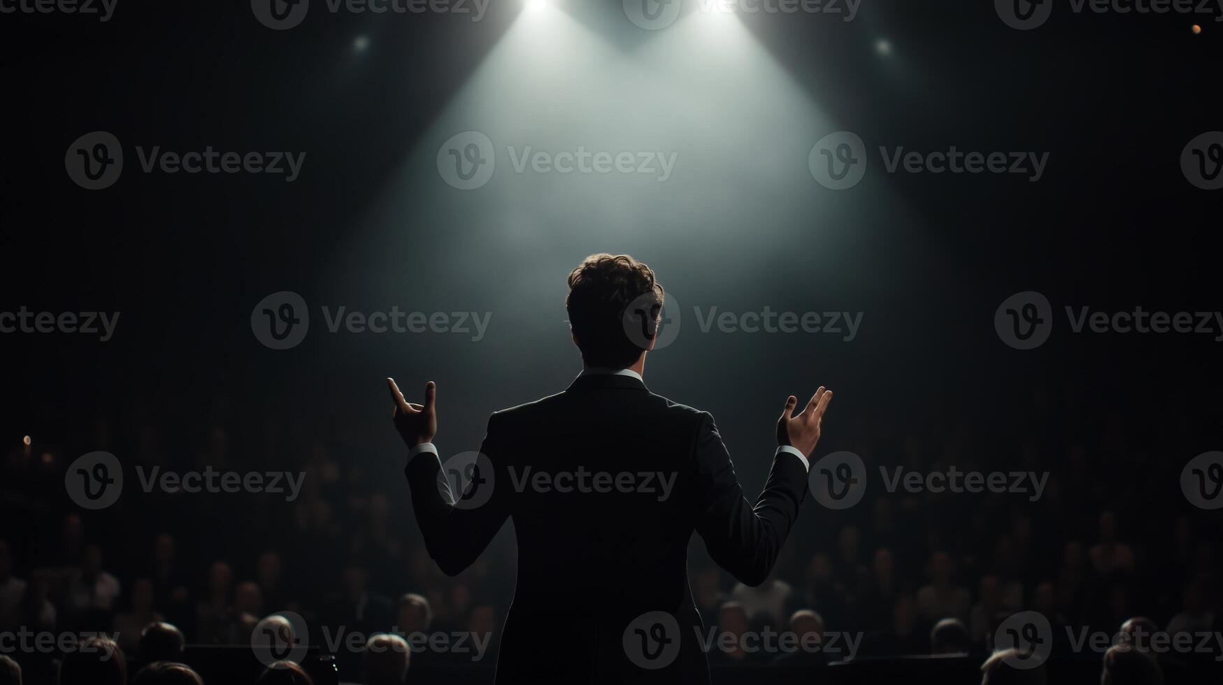 Audience captivated by speaker delivering powerful message during evening event in a dimly lit theater photo