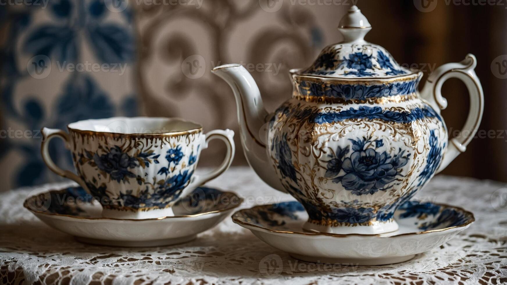 Elegant porcelain tea set displayed on lace tablecloth in vintage setting with floral pattern photo