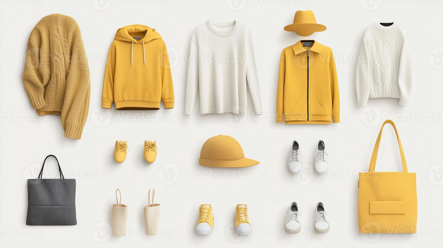 Variety of yellow clothing and accessories arranged on a light background showcasing fashion options for a vibrant wardrobe photo