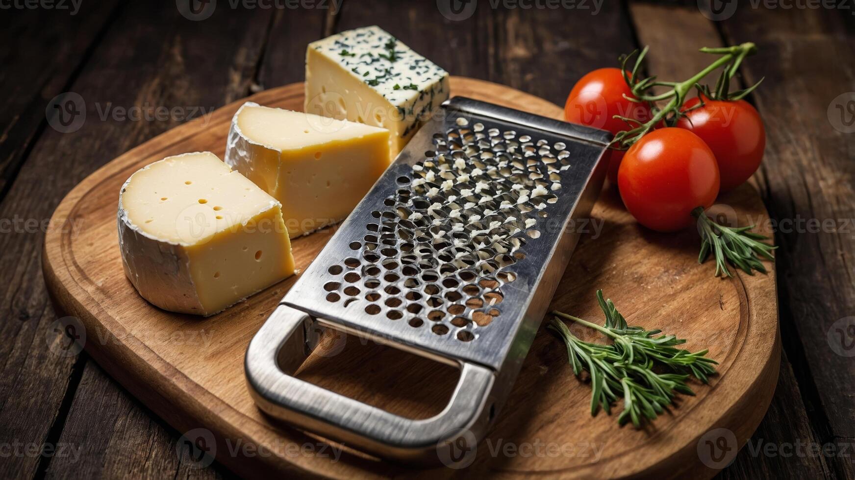 Cheese and tomatoes arranged on a wooden board with a grater ready for preparation photo