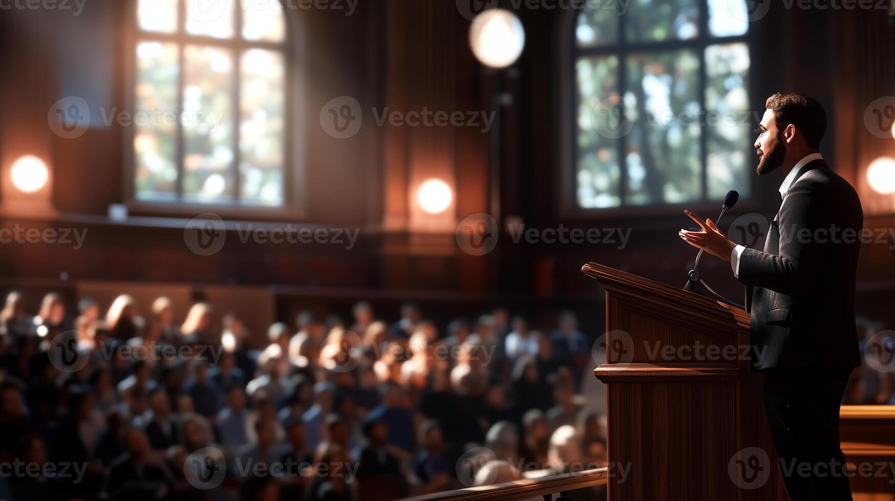 Engaging speaker delivers impactful address to attentive audience in historic venue during afternoon event photo