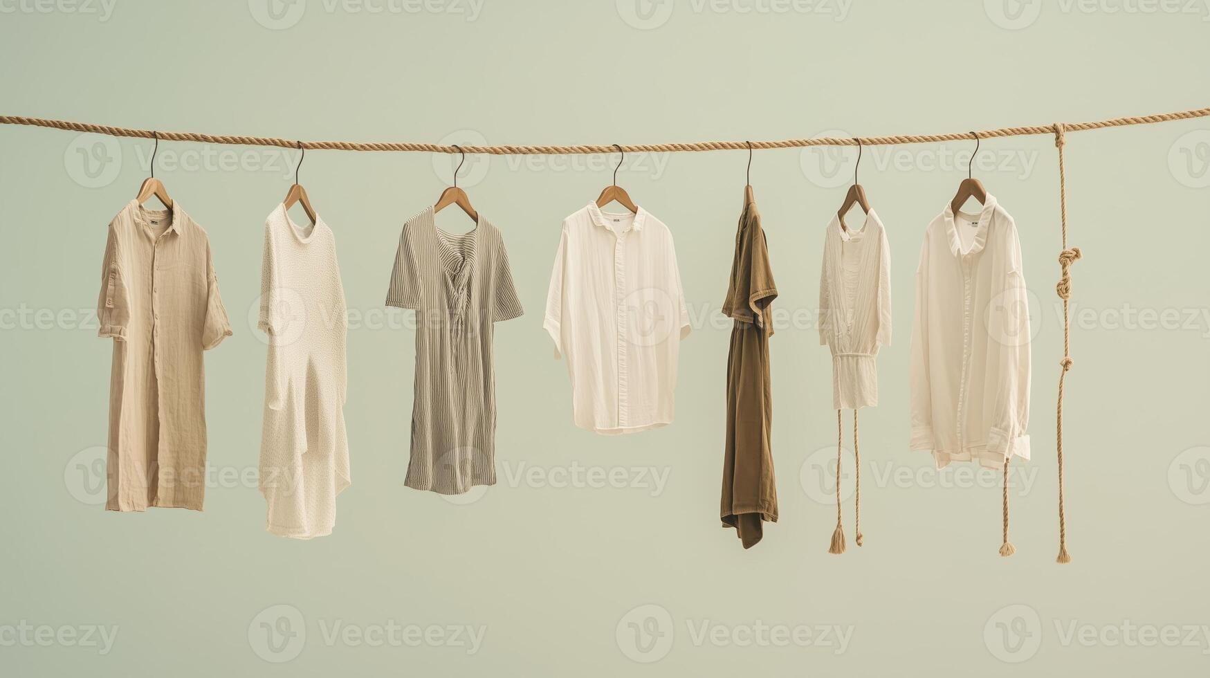 Collection of casual dresses hanging on a rope against a muted background in a minimalist setting photo