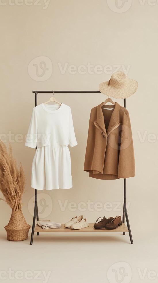 Stylish clothing display featuring a white dress, brown outerwear, and accessories in a neutral setting photo