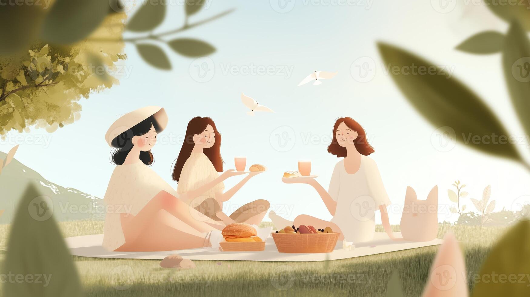 Enjoying a sunny picnic with friends in a lush green meadow during a warm summer afternoon photo