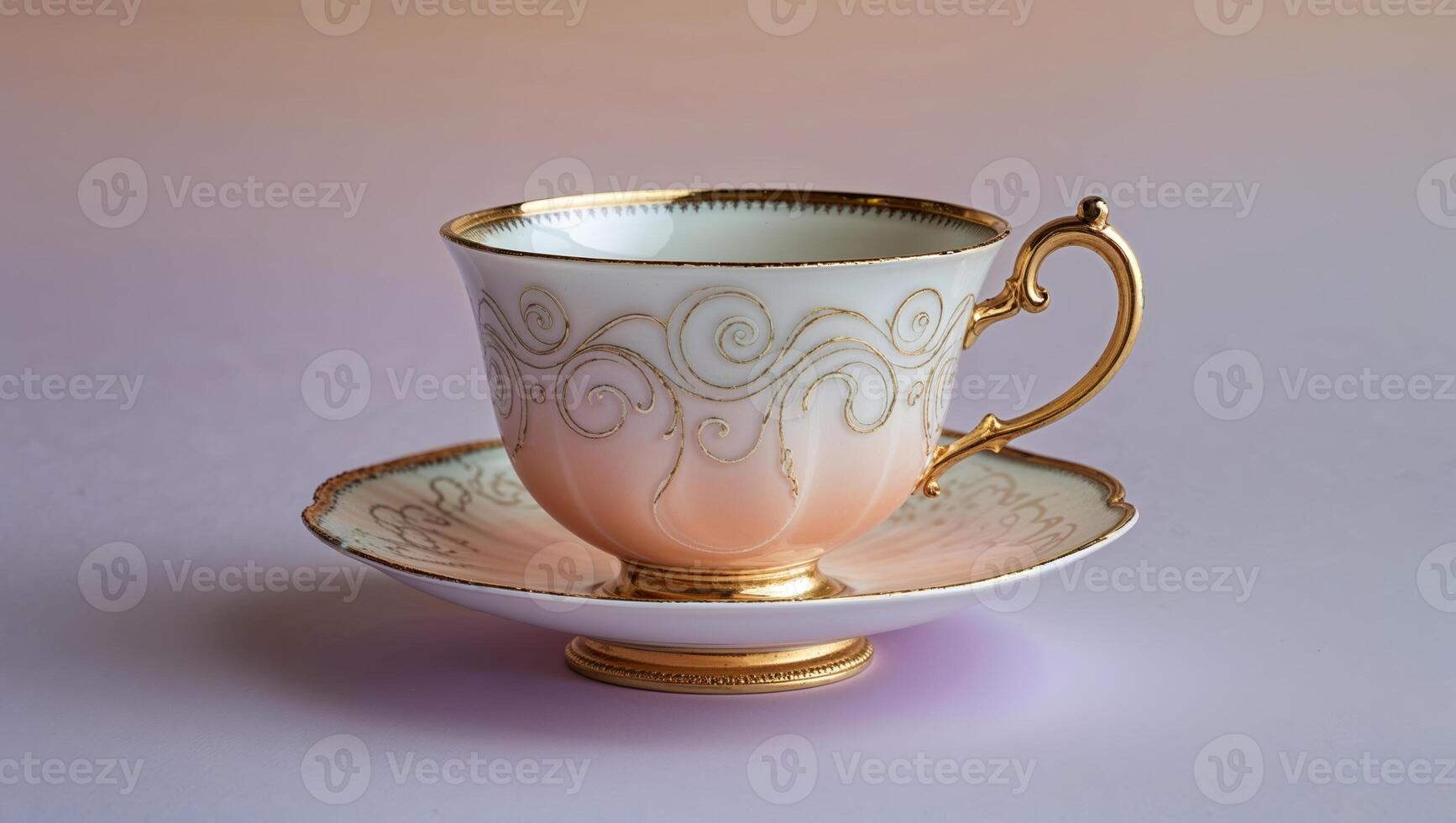 Beautiful porcelain teacup and saucer set with intricate gold detailing on pastel background photo