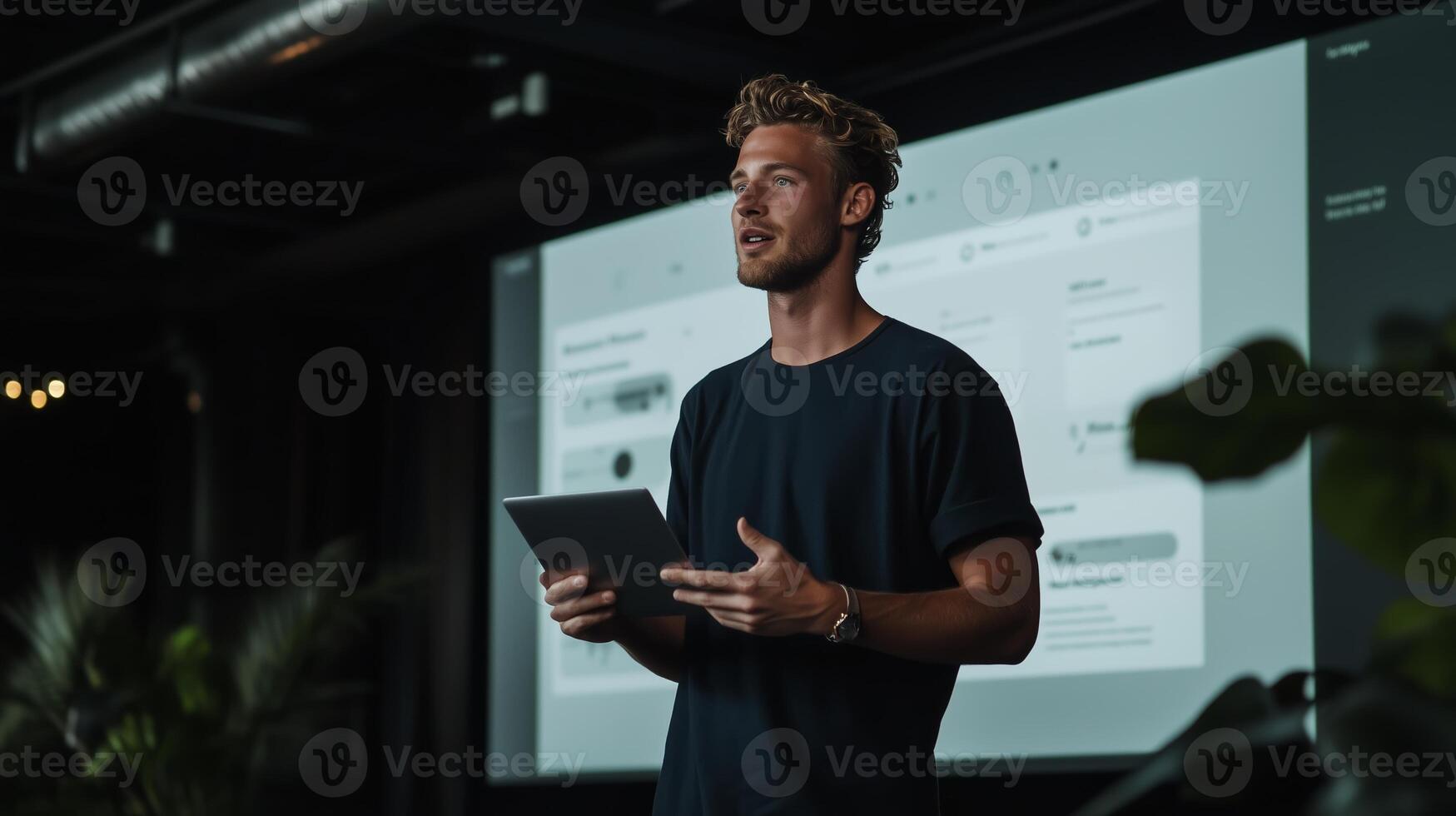 Presenter engages audience with a tablet during a conference in a modern venue filled with greenery photo