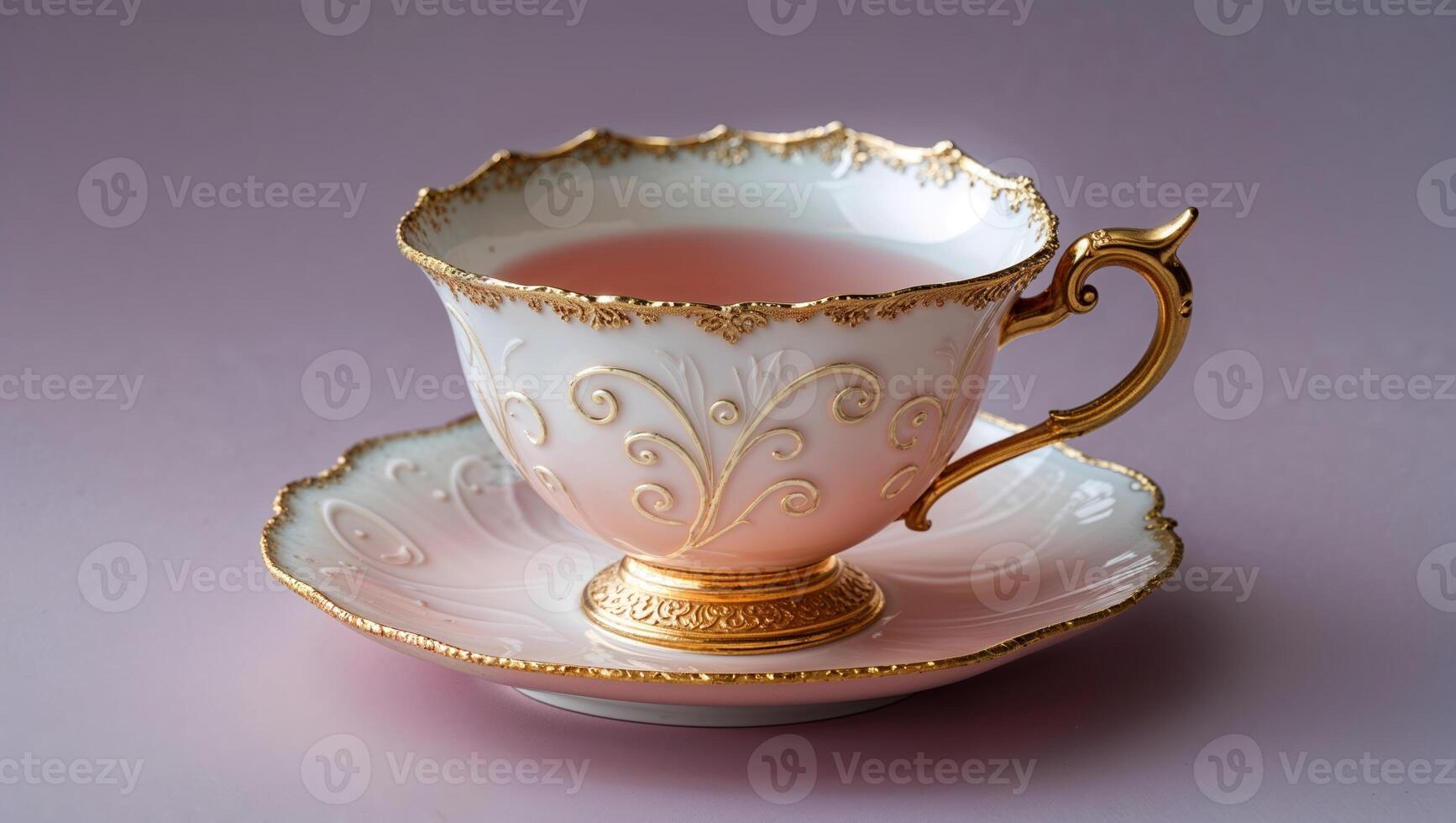 Elegant porcelain teacup with intricate designs and golden accents on a delicate saucer photo