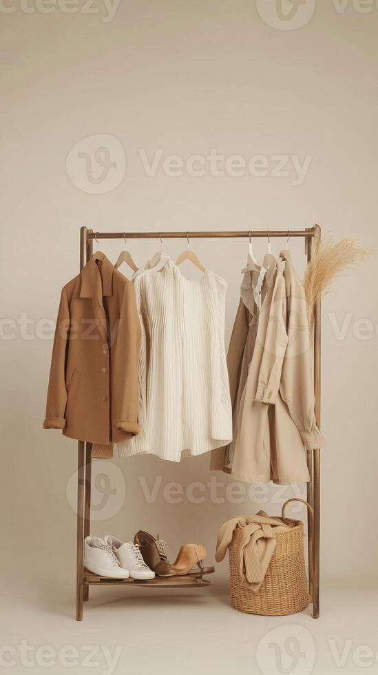 Stylish clothing display featuring neutral tones and accessories in a cozy setting for seasonal fashion photo