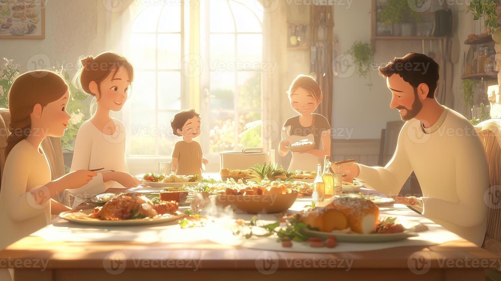 Family gathers around a table sharing a warm meal filled with joy and laughter in a cozy kitchen setting photo