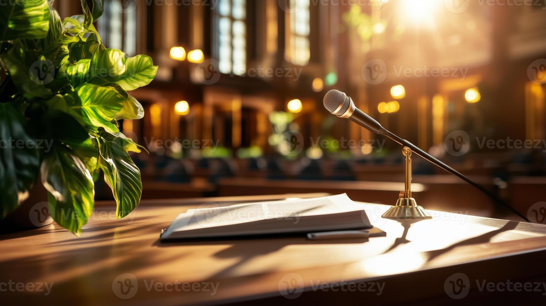 Conference hall setting with a microphone and open book under warm lighting photo