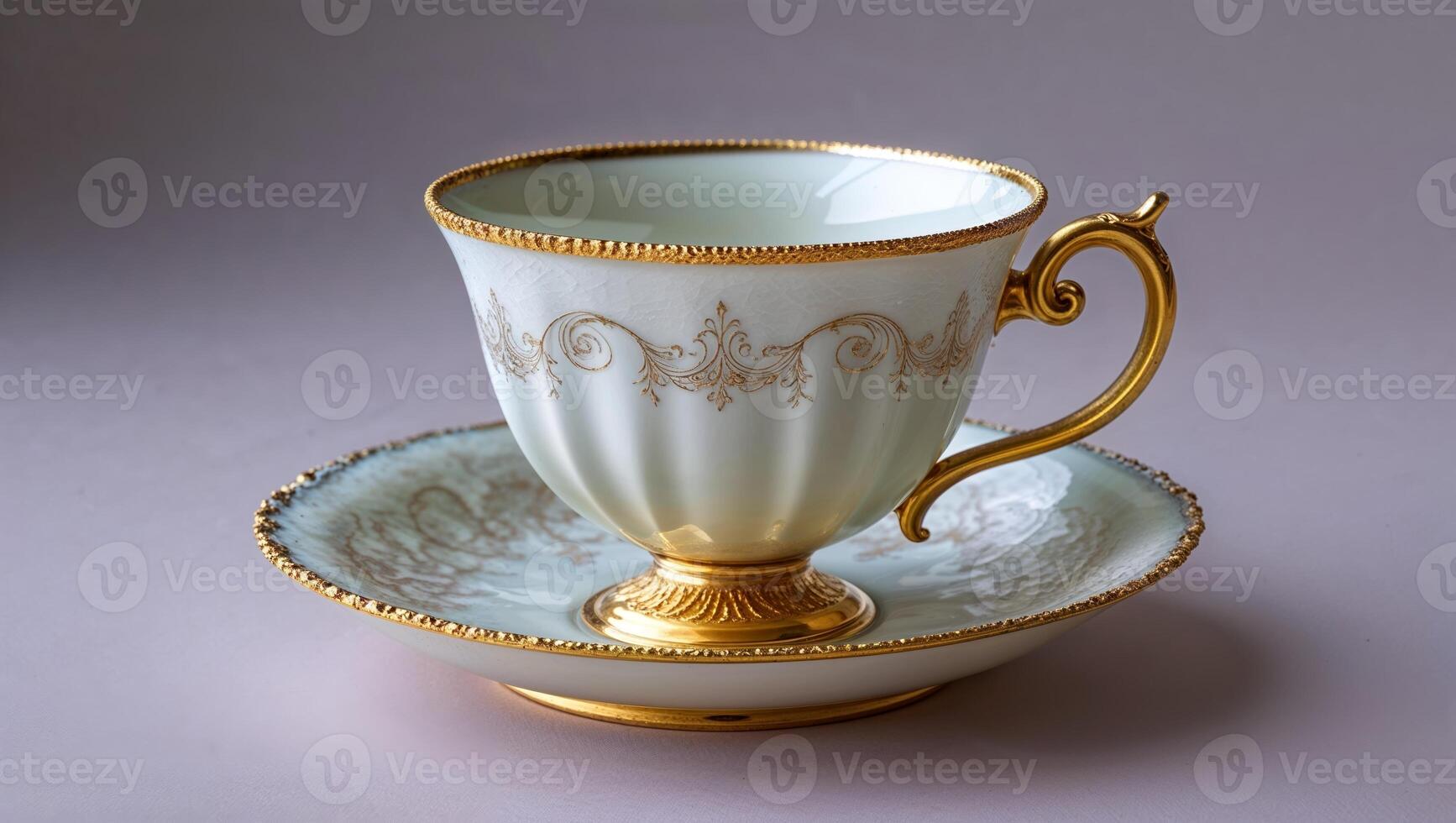 Elegant porcelain tea cup with intricate gold detailing and matching saucer set on a soft background photo