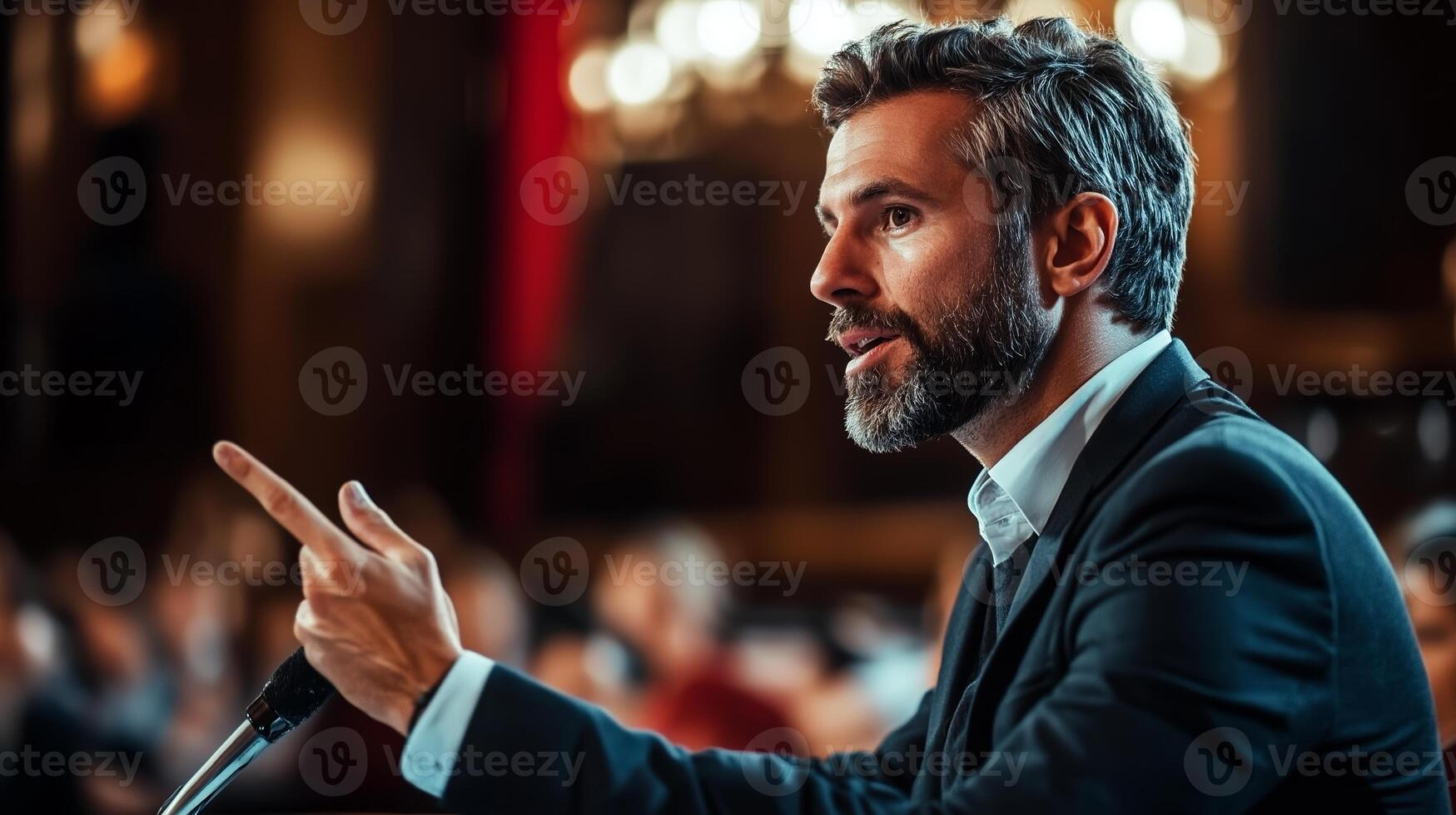 Speaker passionately addresses audience in formal setting during an evening event photo