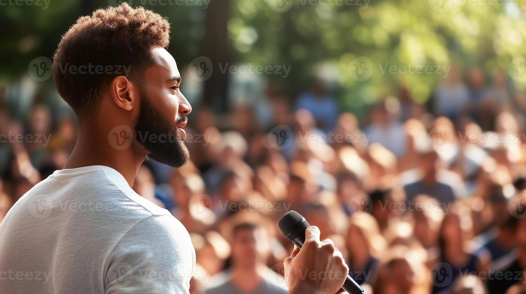 Crowd gathers to listen to a man speaking passionately at an outdoor event in a park on a sunny day photo