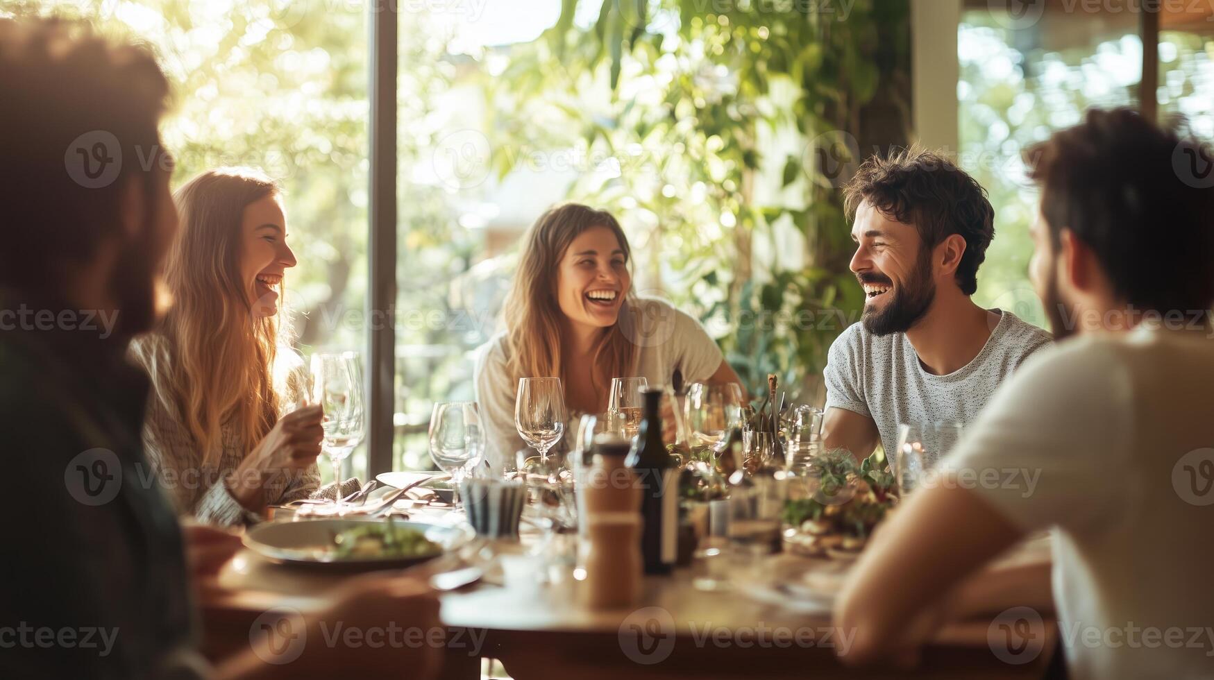 Friends enjoying a joyful dinner gathering in a cozy restaurant with greenery in the background during the evening photo