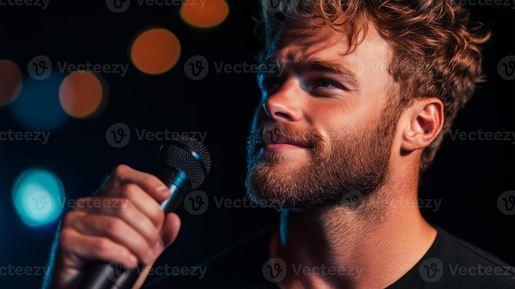 Young man performs passionately with microphone under vibrant stage lights at an evening event photo